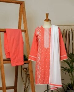 coral peach embroidered lawn 3pc set