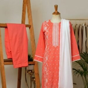 coral peach embroidered lawn 3pc set