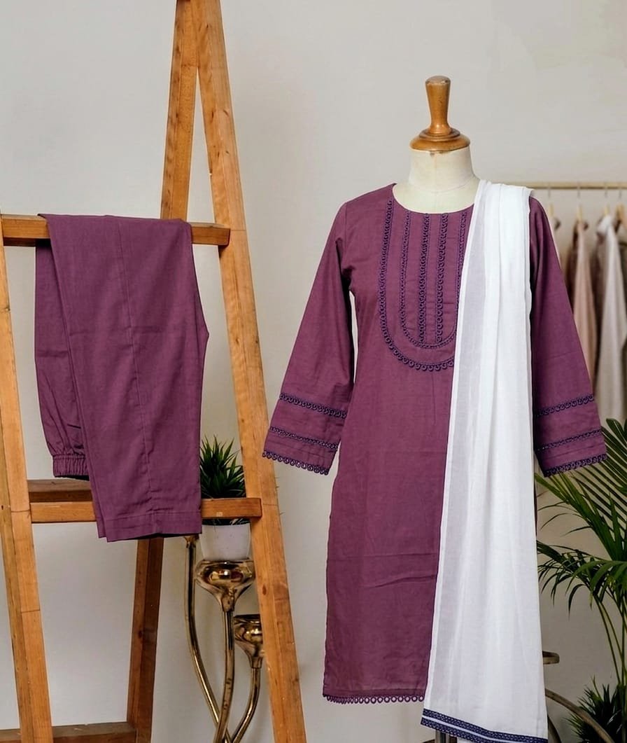plum purple embroidered cambric 3pc set