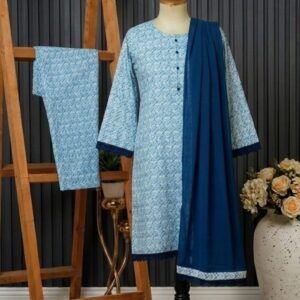 sky blue geometric cambric cotton 3pc set