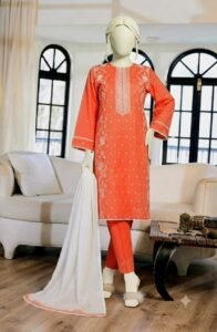 coral peach embroidered lawn 3pc set