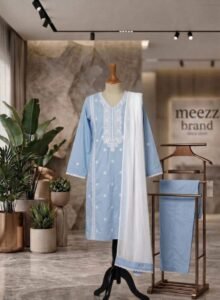 sky blue embroidered lawn 3pc set