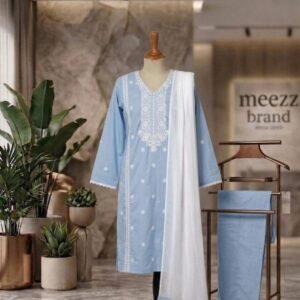 sky blue embroidered lawn 3pc set