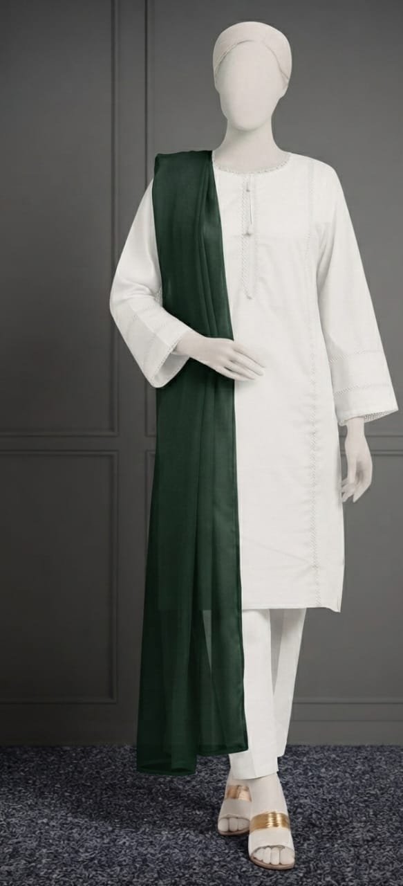 off white solid lawn 3pc set with forest green dupatta off white solid lawn 3pc set with forest green dupatta