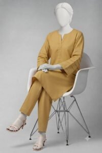 mustard yellow pintuck & lace 2pc stitched set