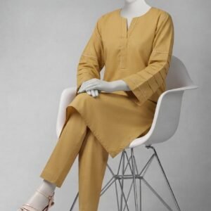 mustard yellow pintuck & lace 2pc stitched set